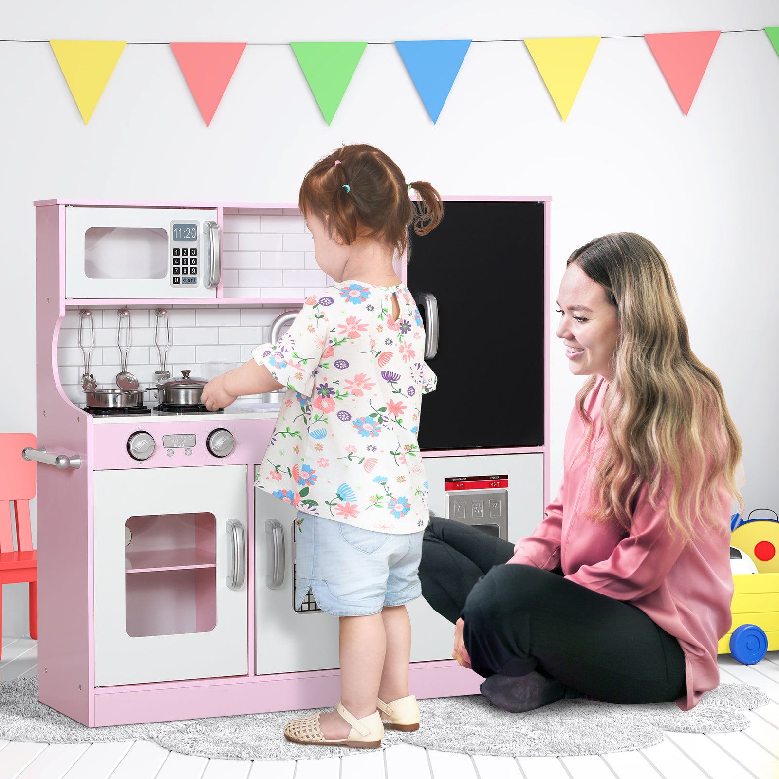 Play Kitchen, Pretend Toy Kitchen W/ Phone, Chalkboard, Sink