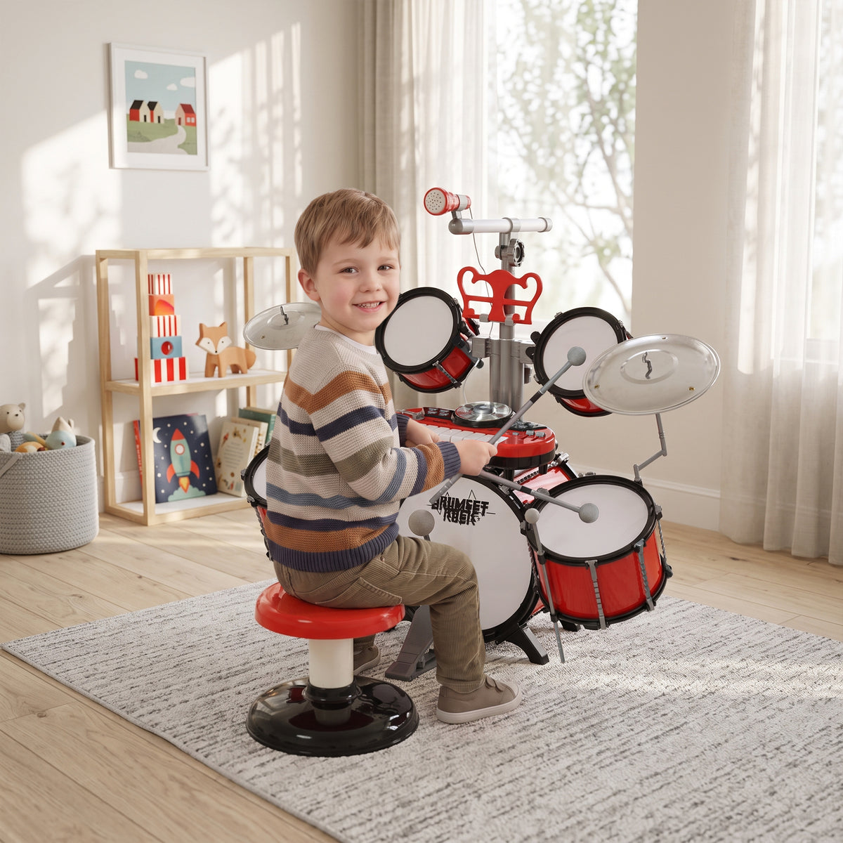 HOMCOM Kids Drum Set For Beginners With Stool, Educational Musical Toy, Red