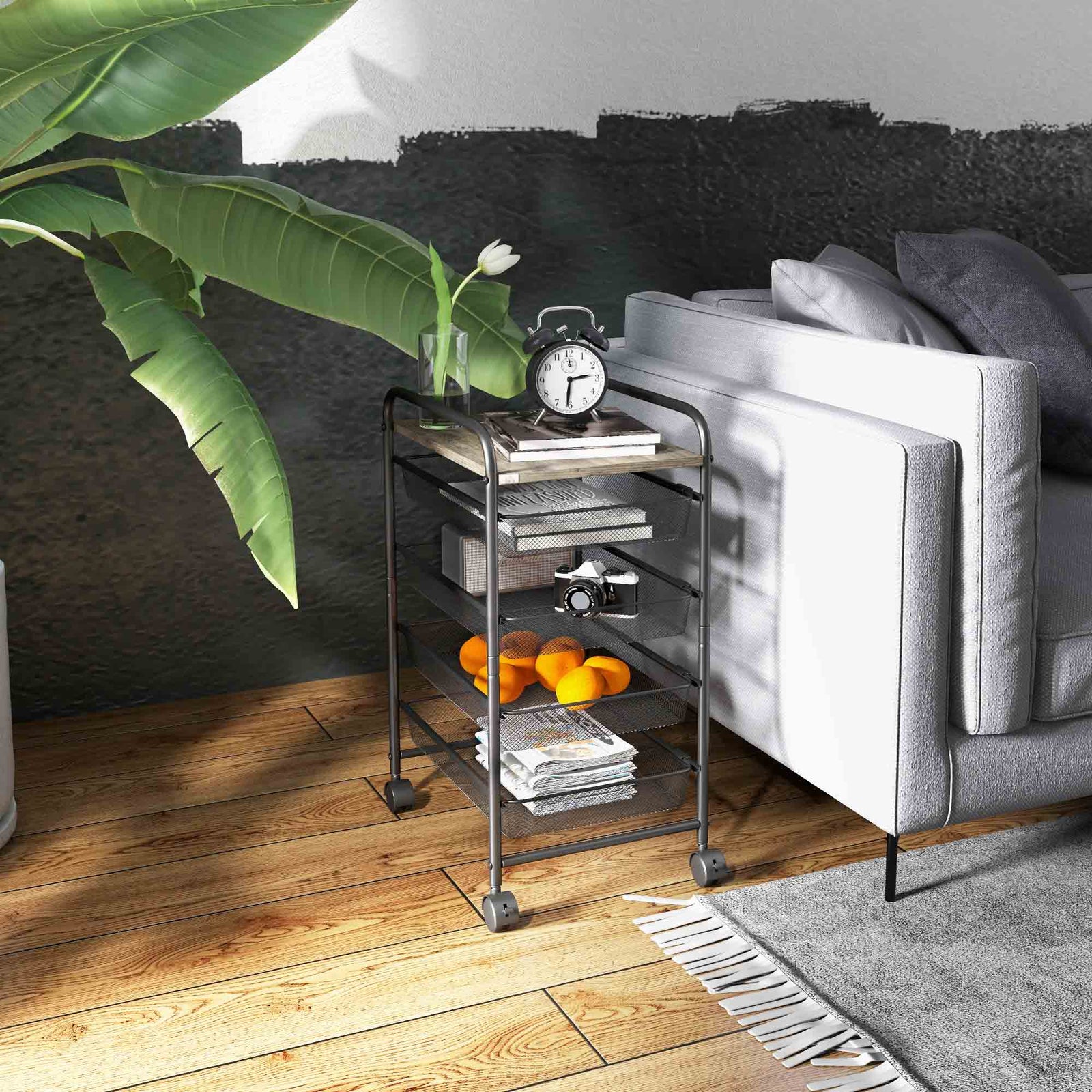 Storage Trolley Rolling Utility Cart With 4 Mesh Basket