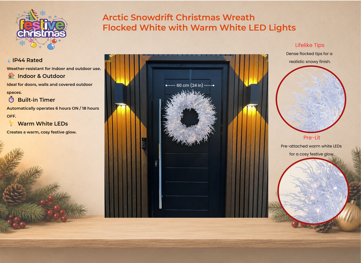 Indoor & Outdoor Living Arctic Snowdrift Christmas Wreath –  White With Warm White Led Lights
