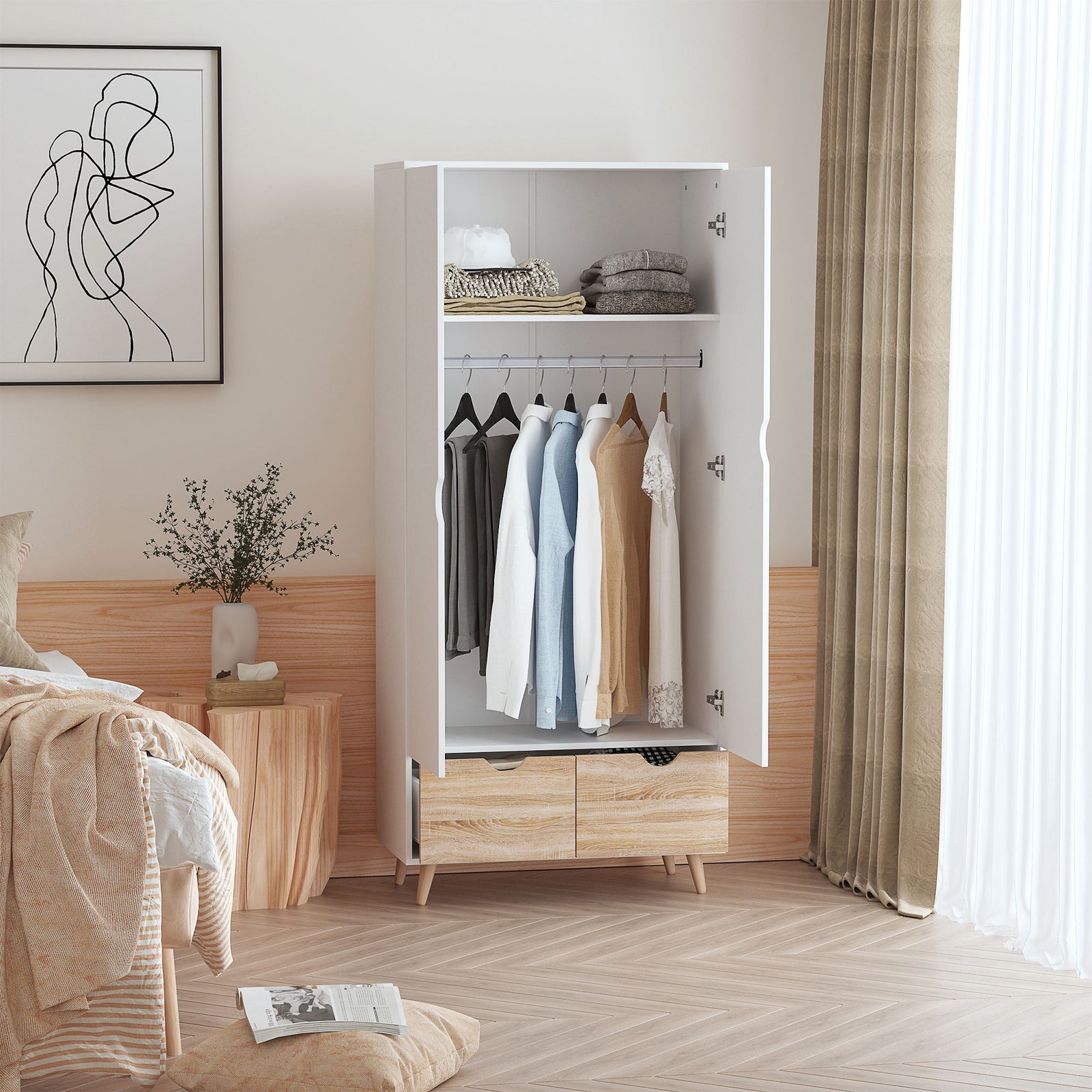 2-door Clothes Wardrobe W/ Rail Shelf 2 Storage Drawers