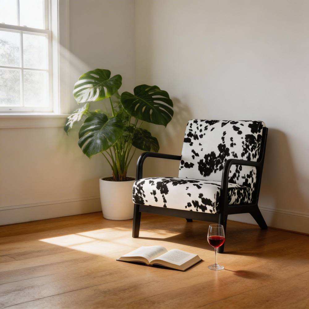 Cow Print Accent Armchair With Soft Fleece Upholstery, Modern Lounge Chair With Armrests