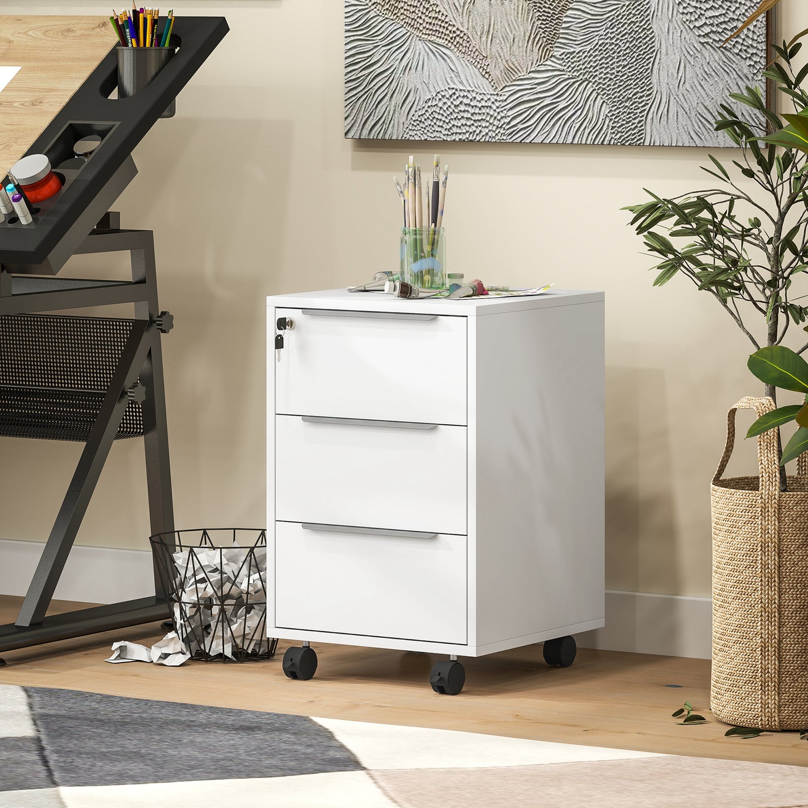 Modern 3-drawer Locking File Cabinet Mobile Filing Cabinet | White
