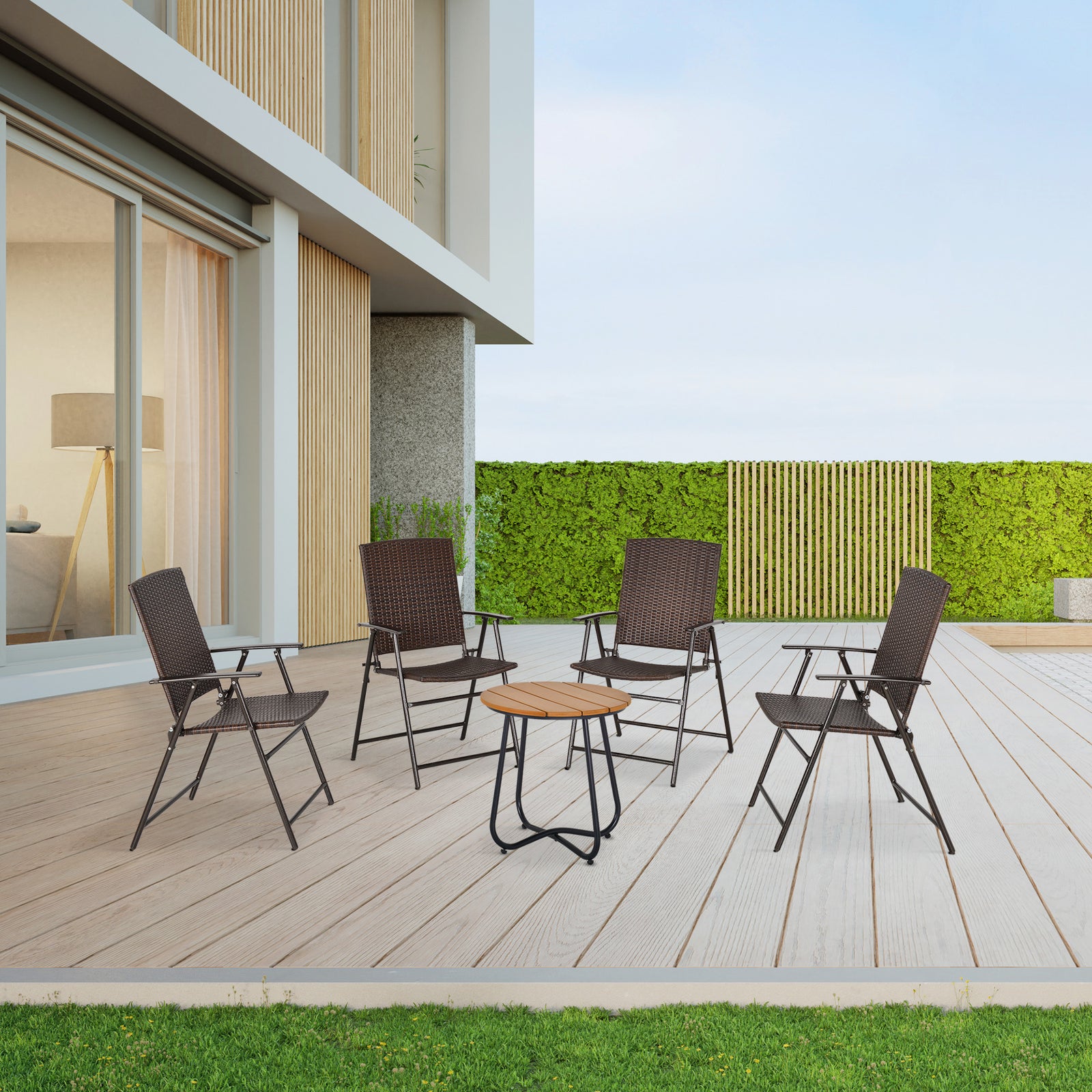 Rattan Chair Foldable Garden Furniture W/ Armrest Steel | Set of 4 | Brown