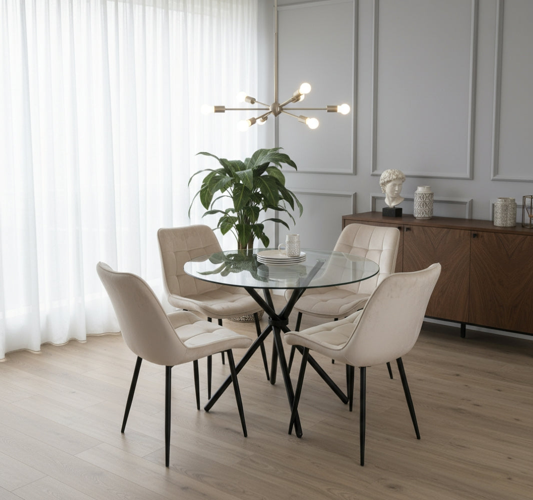 New York Dining Table With 4 Erica Velvet Chairs | Cream