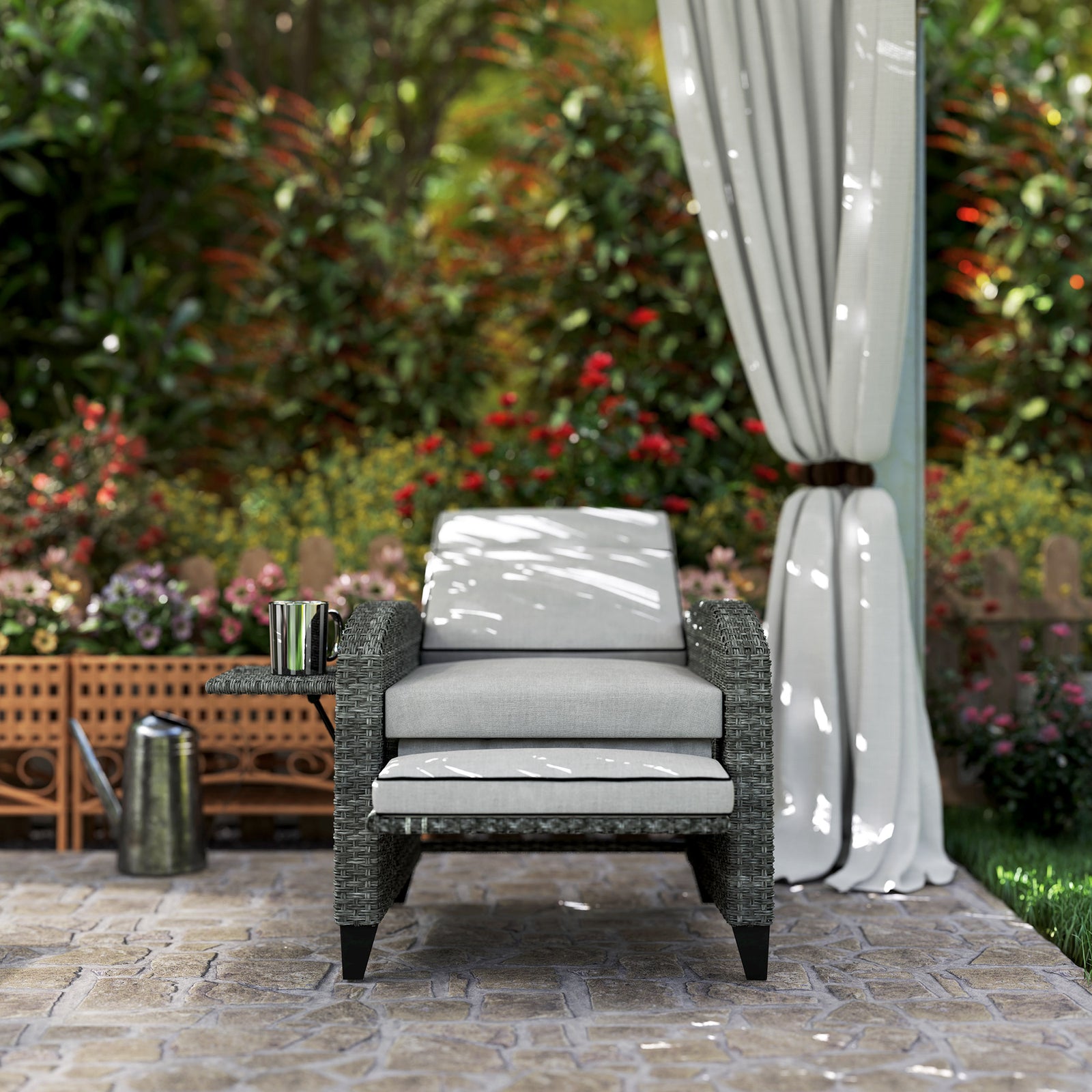 Outdoor Recliner Chair W/ Cushion Rattan Reclining Lounge