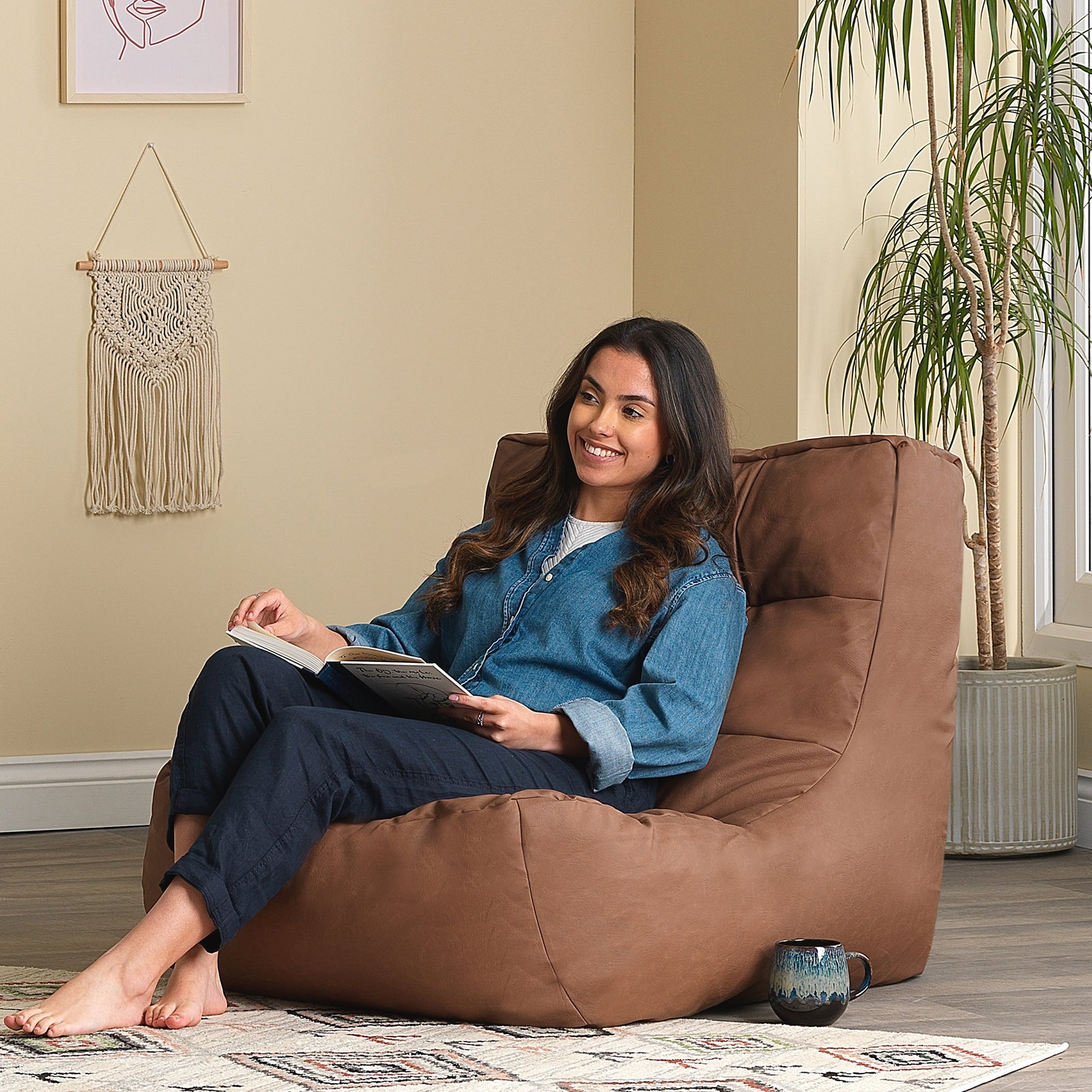 Lorenzo Faux Leather Bean Bag Lounger Brown Giant Bean Bags, Brown