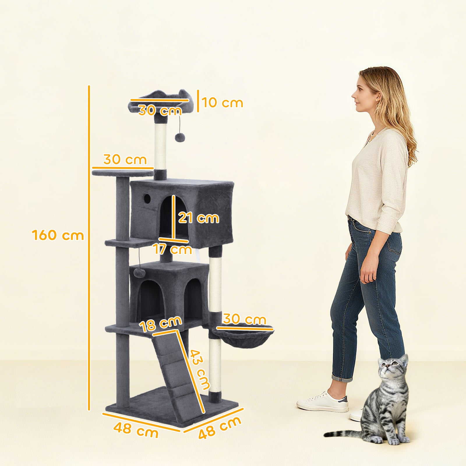 Cat Tree Tower With Sisal Scratching Posts, Condos | 160cm | Dark Grey