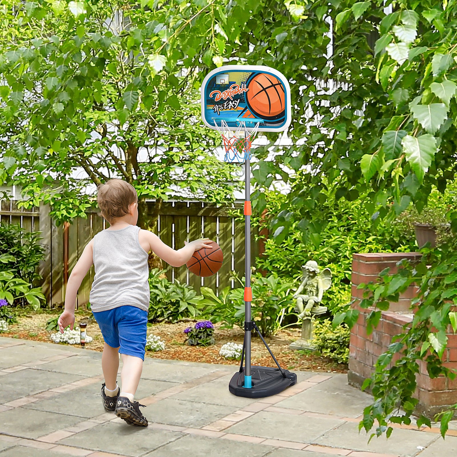 3 Pcs Kids Basketball Set W/ Hoop Ball Pump Height Fillable Base 3-8 Yrs