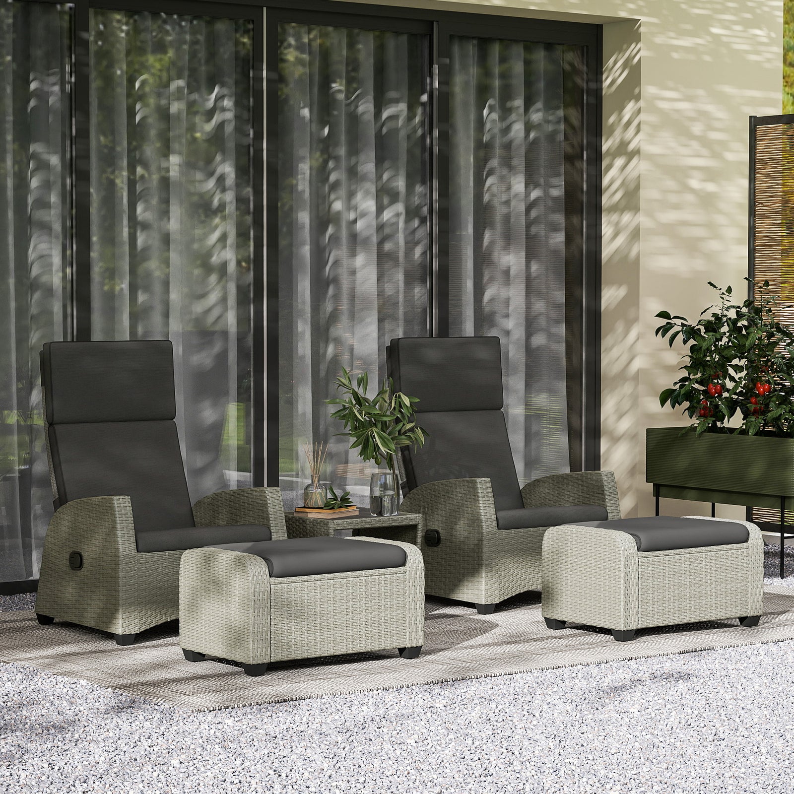5 Pieces Pe Rattan Set, Reclining Chairs | Charcoal Grey