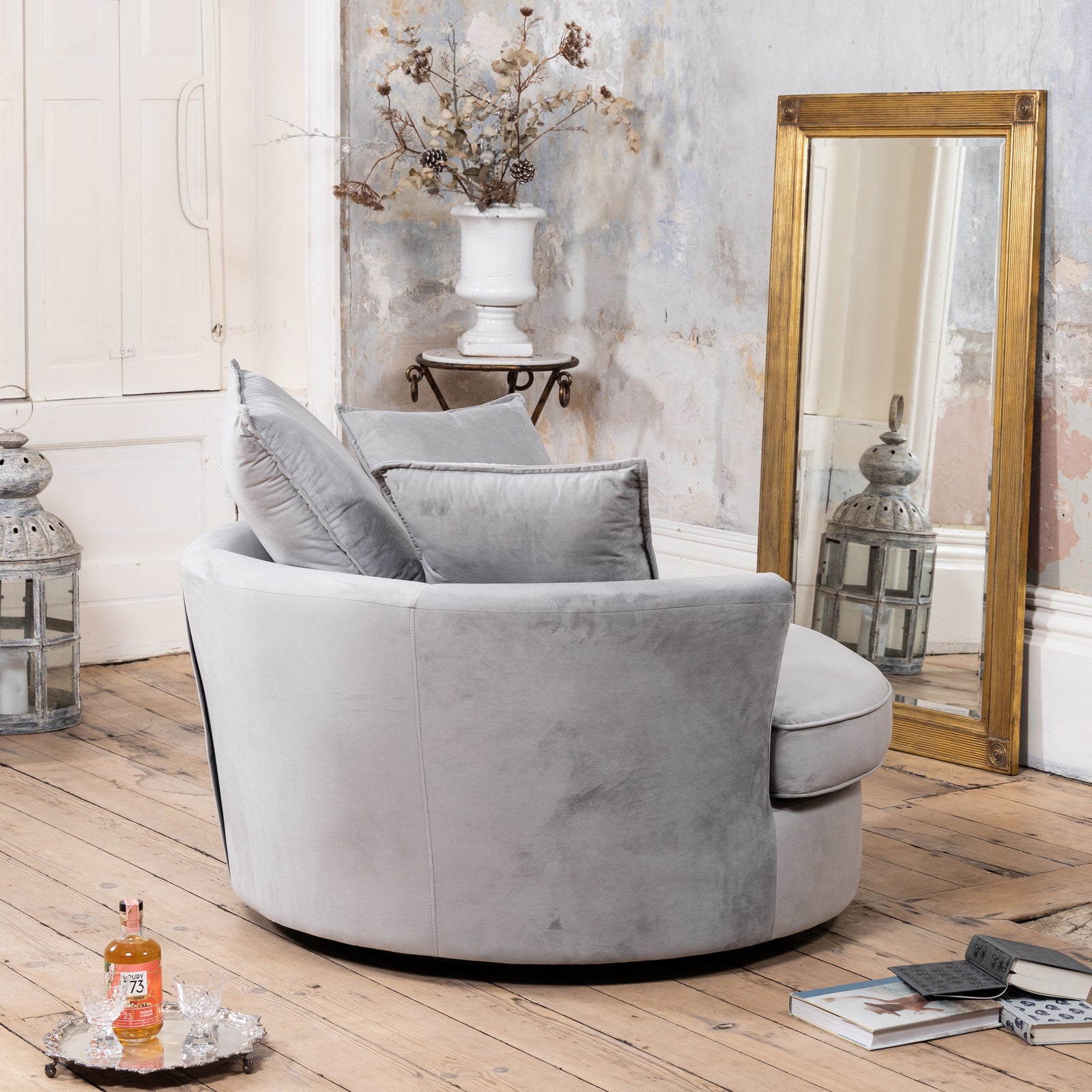 Havana Velvet Swivel Base Cuddle Chair | Grey