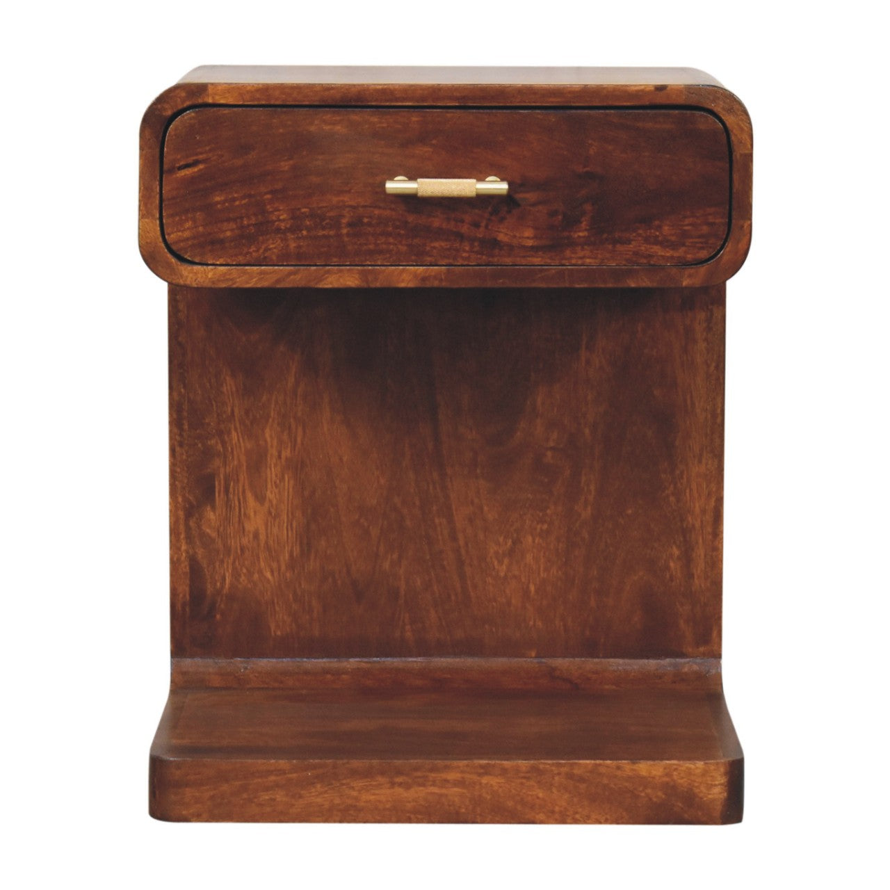 Solid Wood Chestnut T-bar Rounded Bedside, 1 Drawer And Open Space, Dark Brown