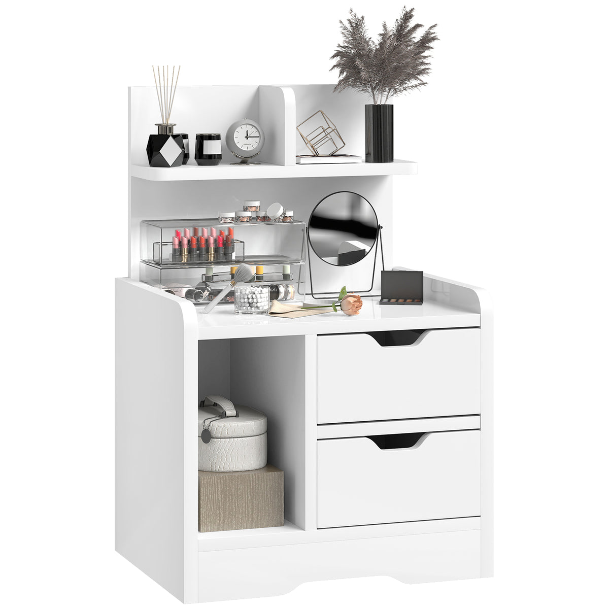 HOMCOM Modern Bedside Table With 2 Drawers And Open Shelves For Bedroom