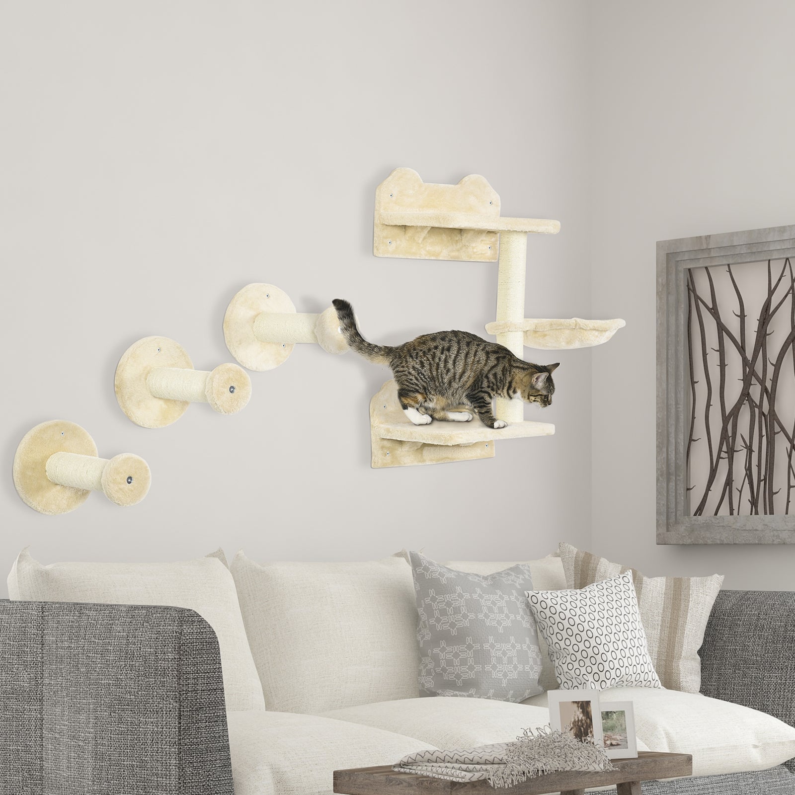 4 Piece Cat Shelf, Cat Wall Furniture W/ Hammock, Steps, Platforms | Beige