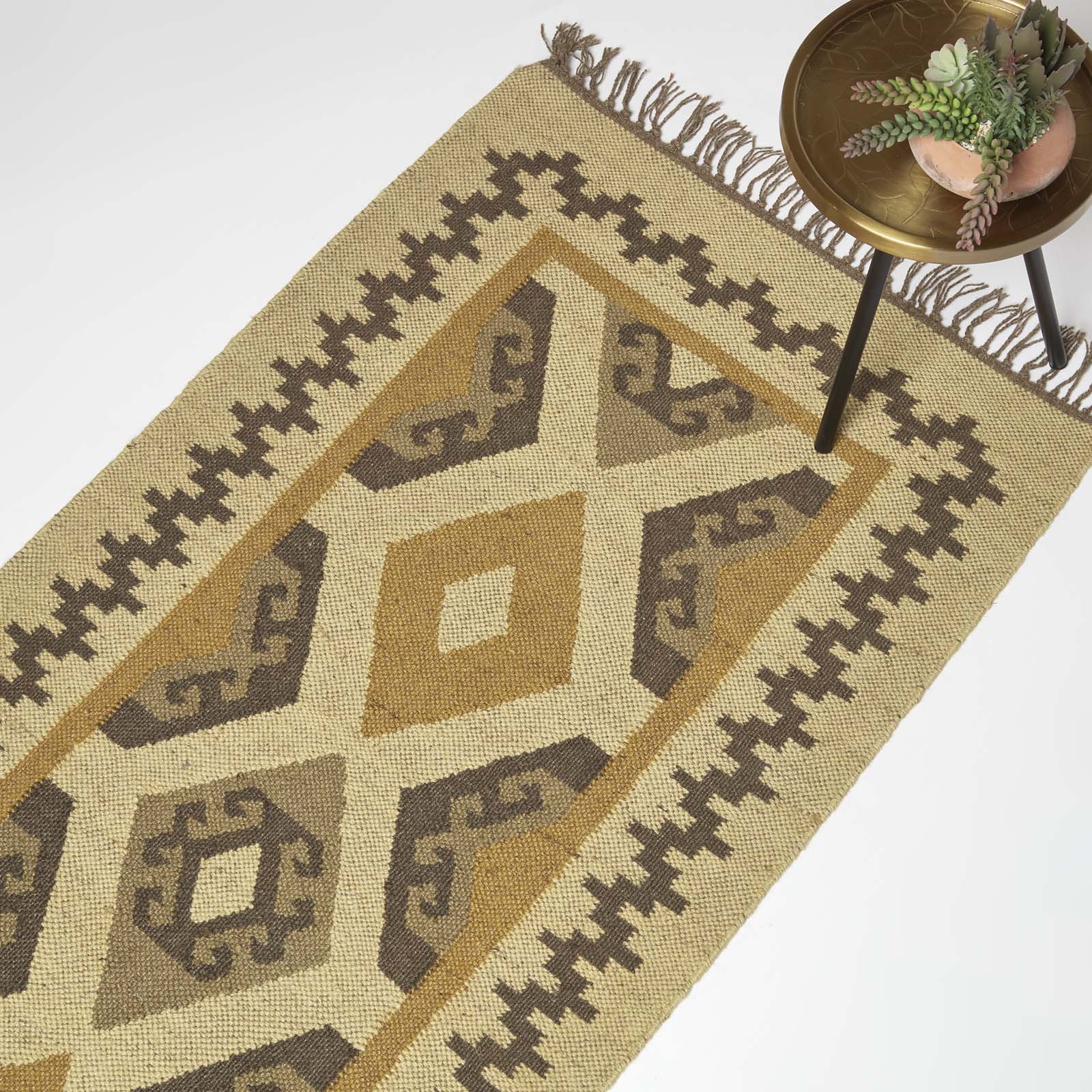 Ravar Brown & Gold Kilim Wool Rug | 180cm x 90cm | Brown