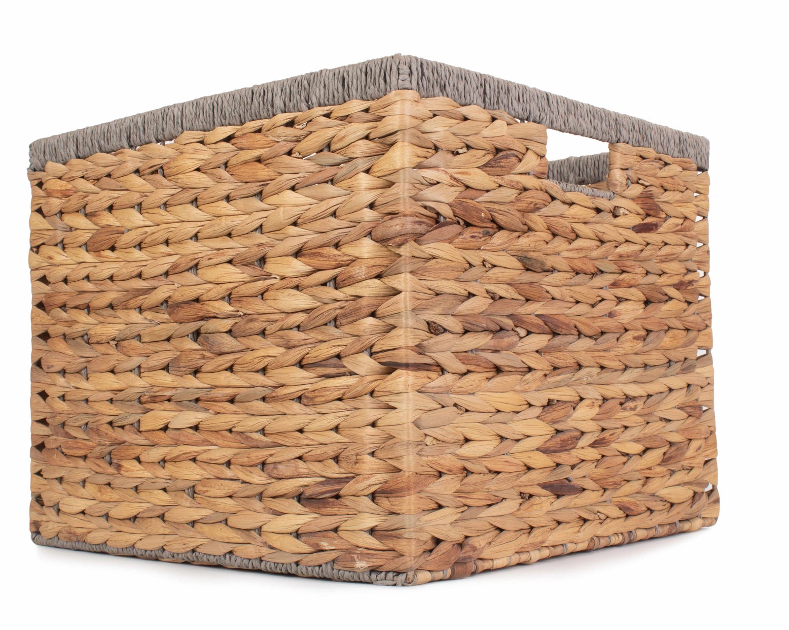 Water Hyacinth Square With Grey Rope Border Storage Basket | Large | Brown