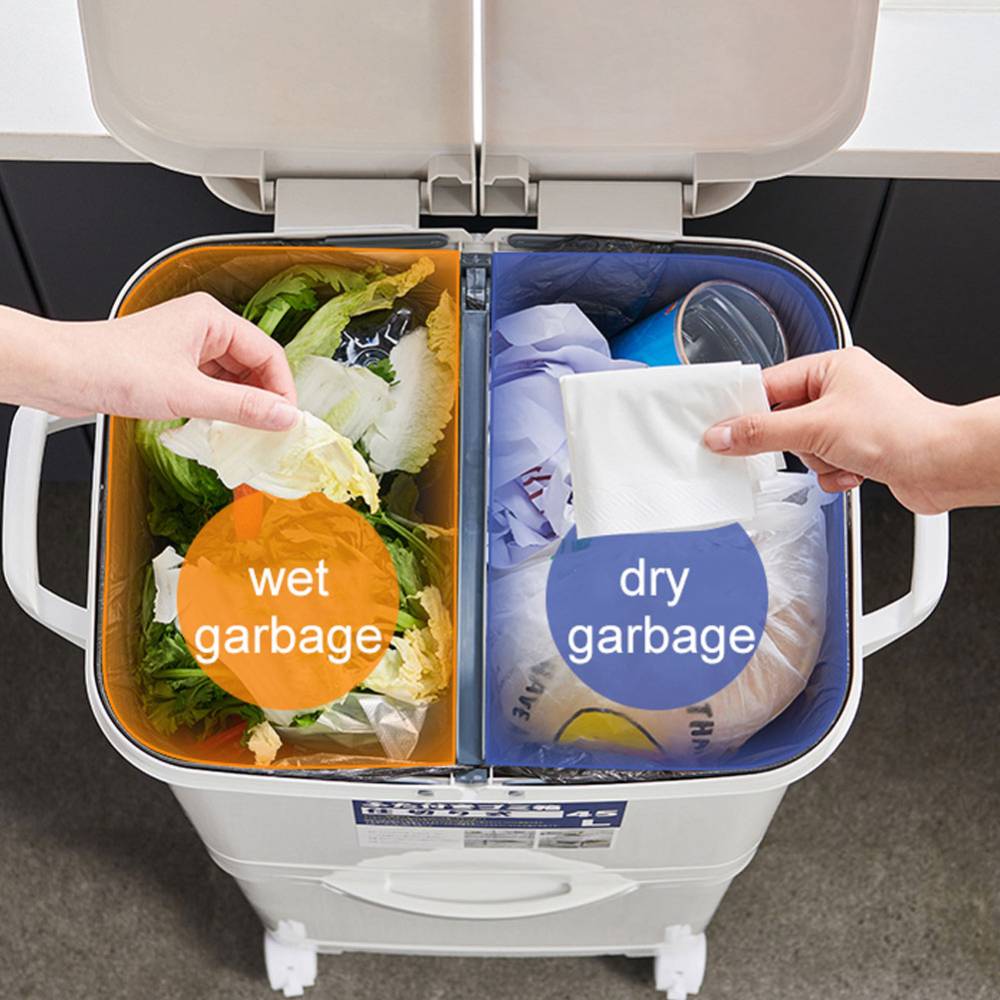 White Double-layer Three-compartment Trash Can With Wheels | 45l