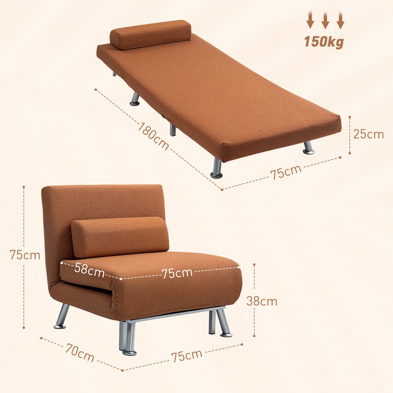 Single Folding 5 Position Convertible Sleeper Chair Sofa Bed | One Size | Brown
