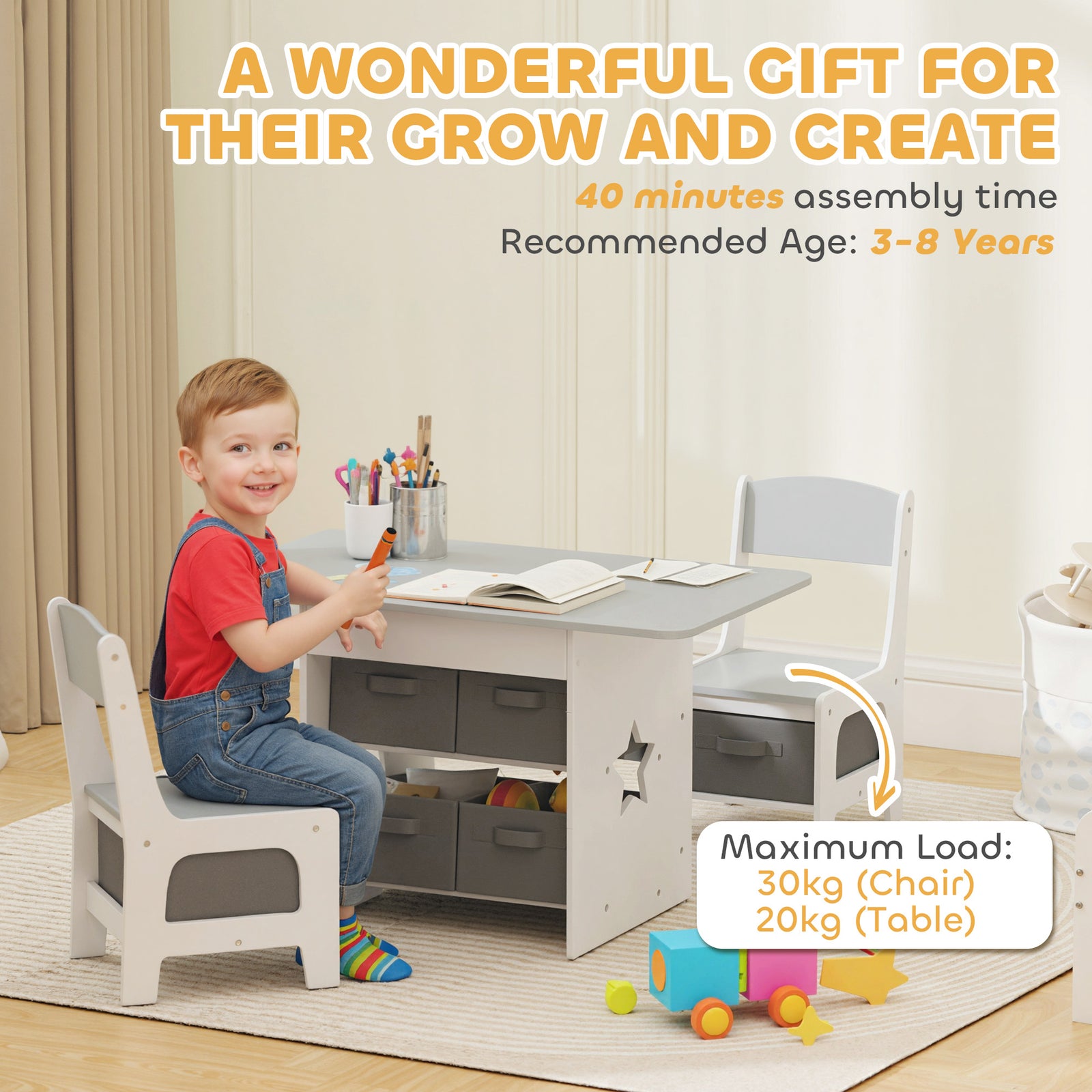 Kids Table And Chair Set With 6 Removable Drawers | Light Grey