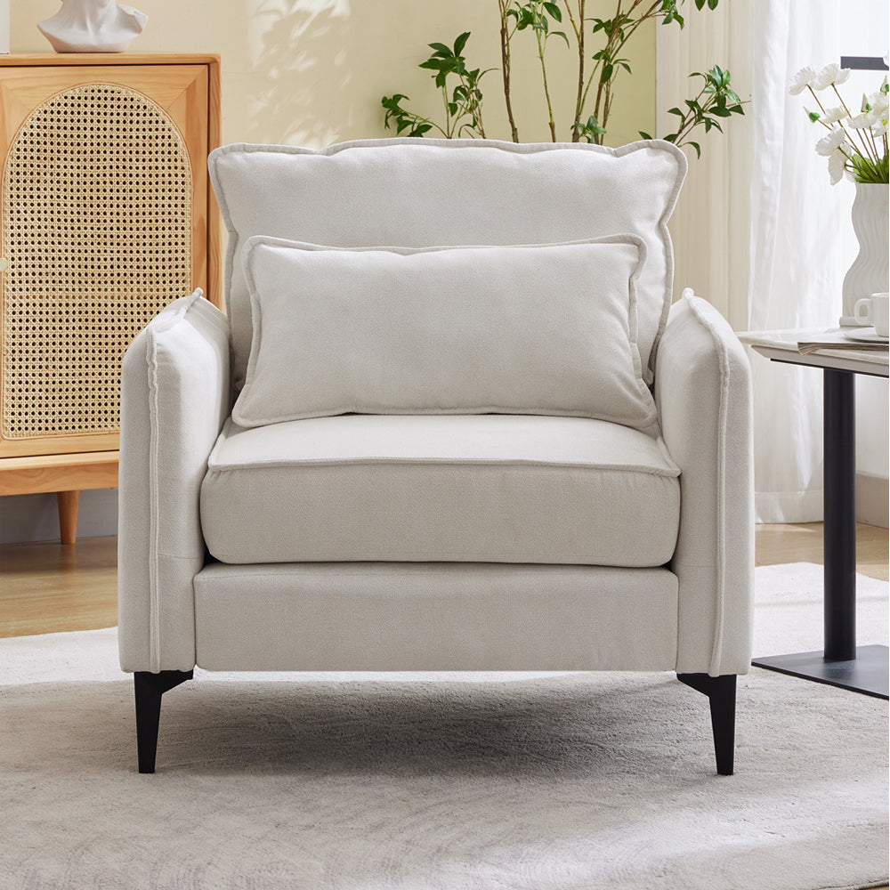 Modern Linen Upholstered Armchair – Off-white Single Sofa With Cushions & Sturdy Legs