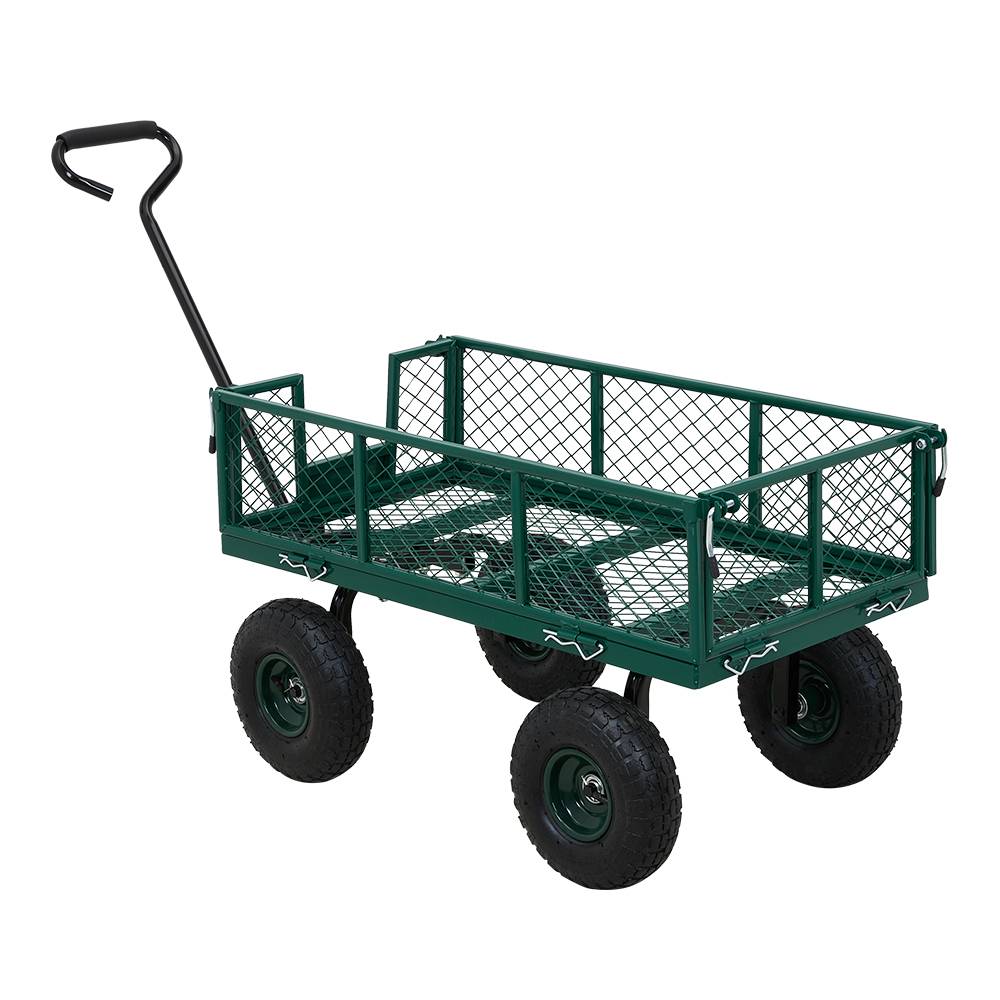 Heavy Duty Garden Trolley Cart On Wheels, 500 Lbs Capacity Large Metal Utility Wagon With Removable Sides, Pneumatic Tires | Green