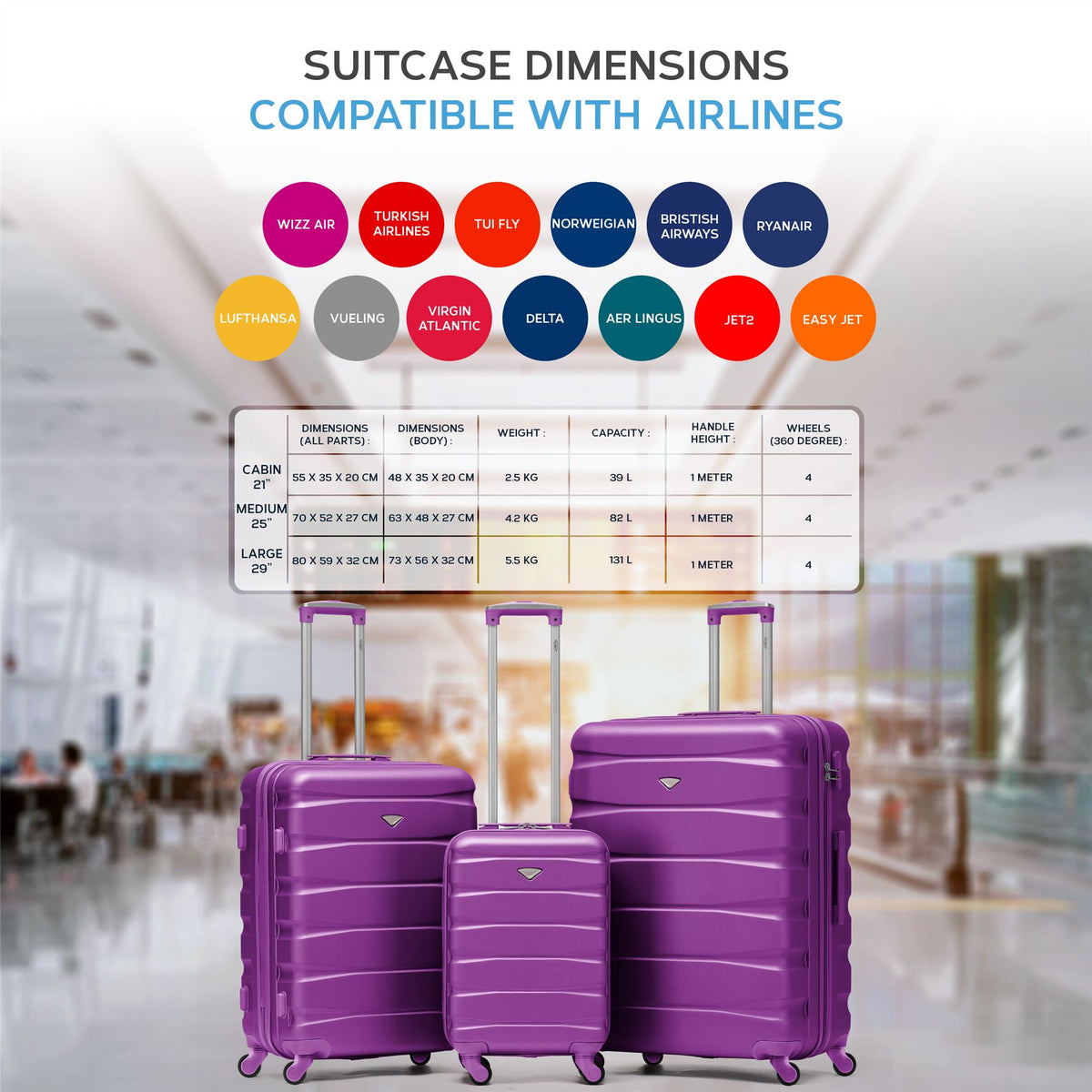 Set Of 3 Hard Shell Suitcase Cabin & Check In Cases With Tsa Lock - Overhead Cabin With Medium & Large Check-in Bag | Set of 3 | Purple
