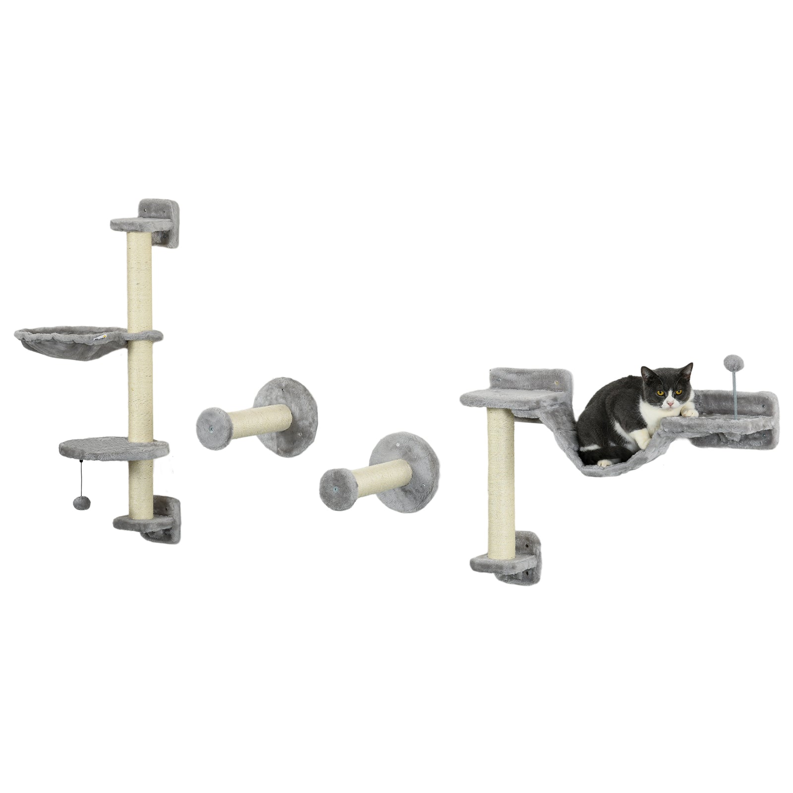 Cat Wall Furniture With Hammock, Perches, Ladder, Scratching Post, Grey