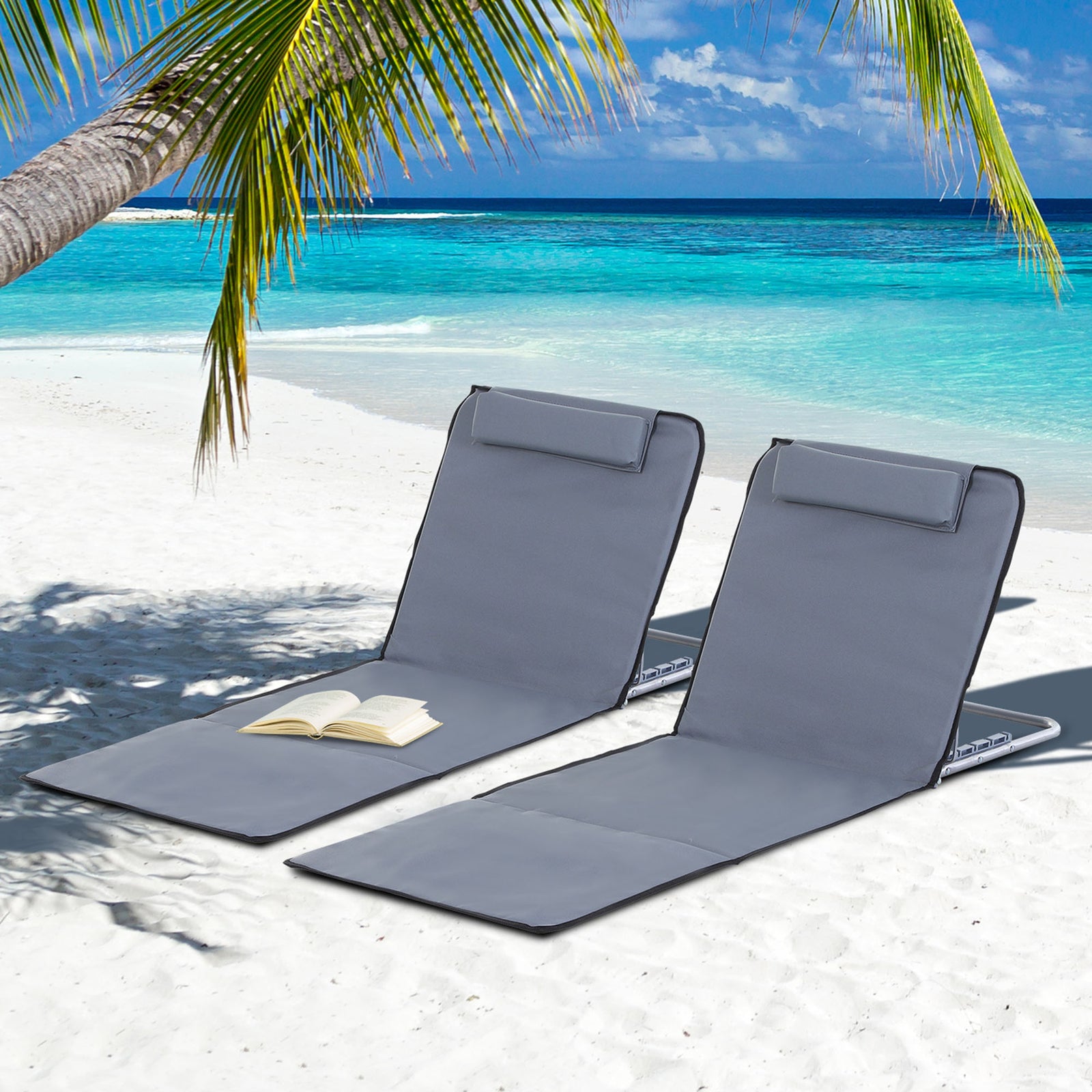 2pc Outdoor Beach Mat Steel Reclining Chair Set W/ Pillow | Gray