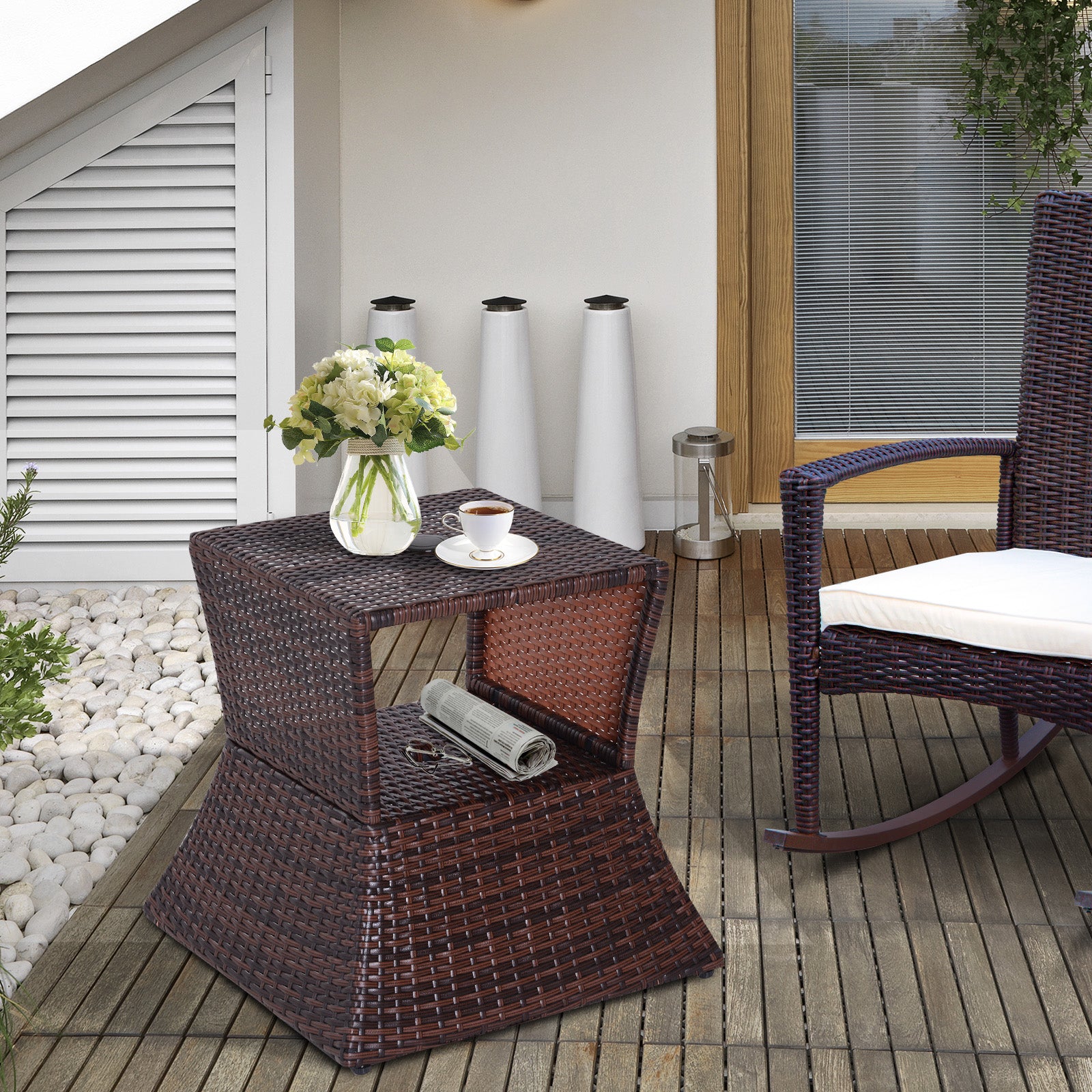 Rattan Side Table Outdoor Tea Coffee With Umbrella Hole
