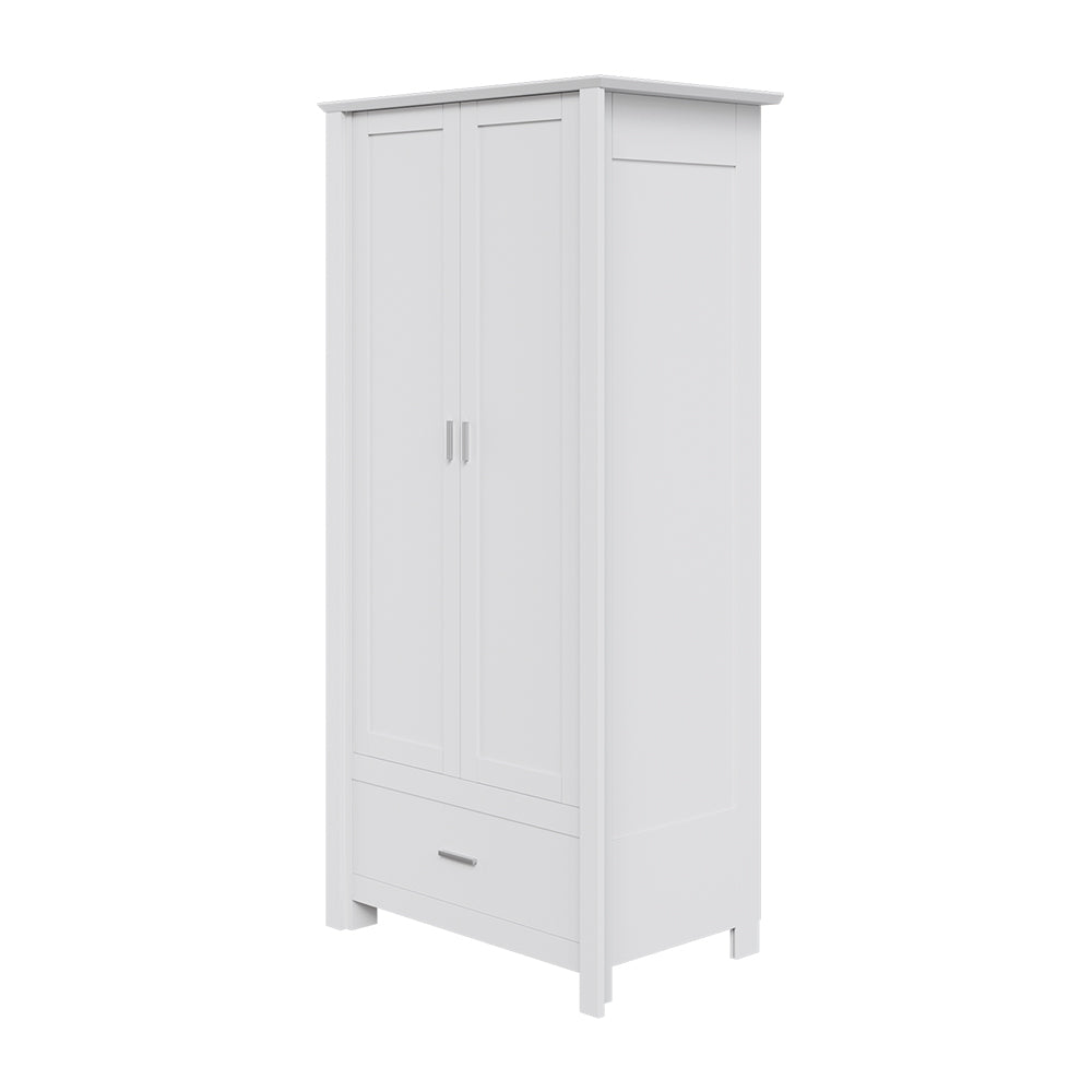 Modern Double-door Wardrobe With Drawer & Hanging Rail | White