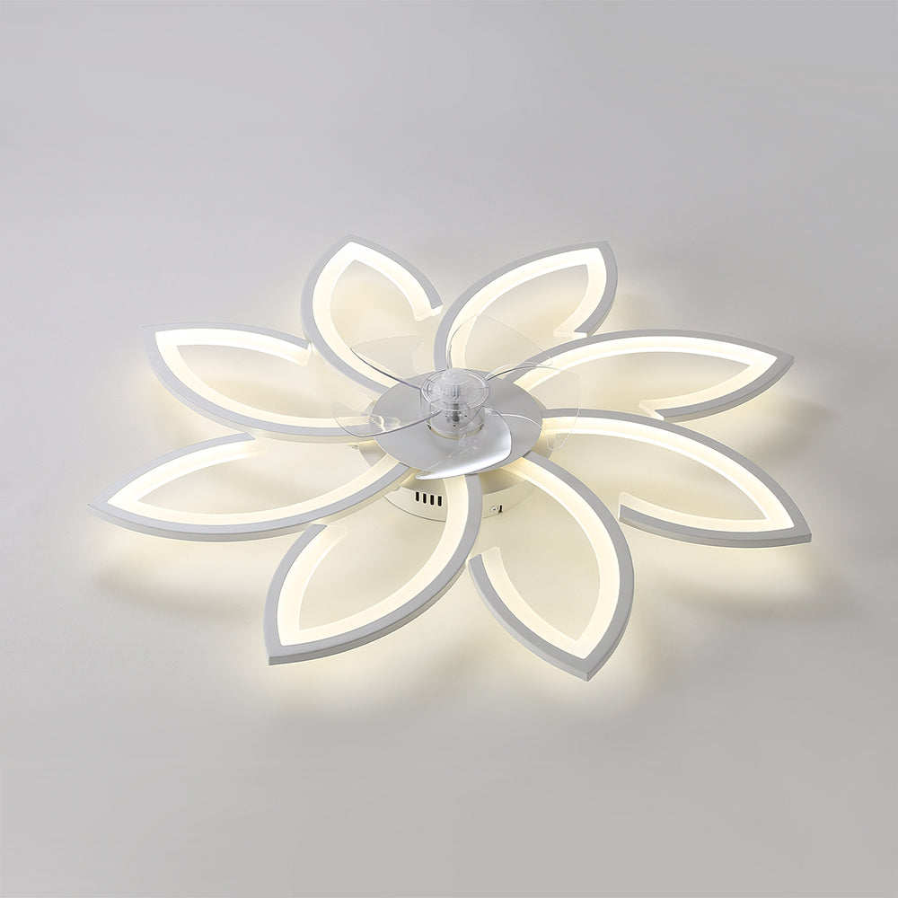White 8-petal Ceiling Fan Light 3 Blades With 3-color Dimming, 6-speed ​, Remote Control, Timer & App Control