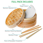 BlauKe Bamboo Steamer Basket 25cm With Chopsticks, Tongs, 50 Paper Liners - 2-tier Food Steamer For Cooking Dumplings Vegetables