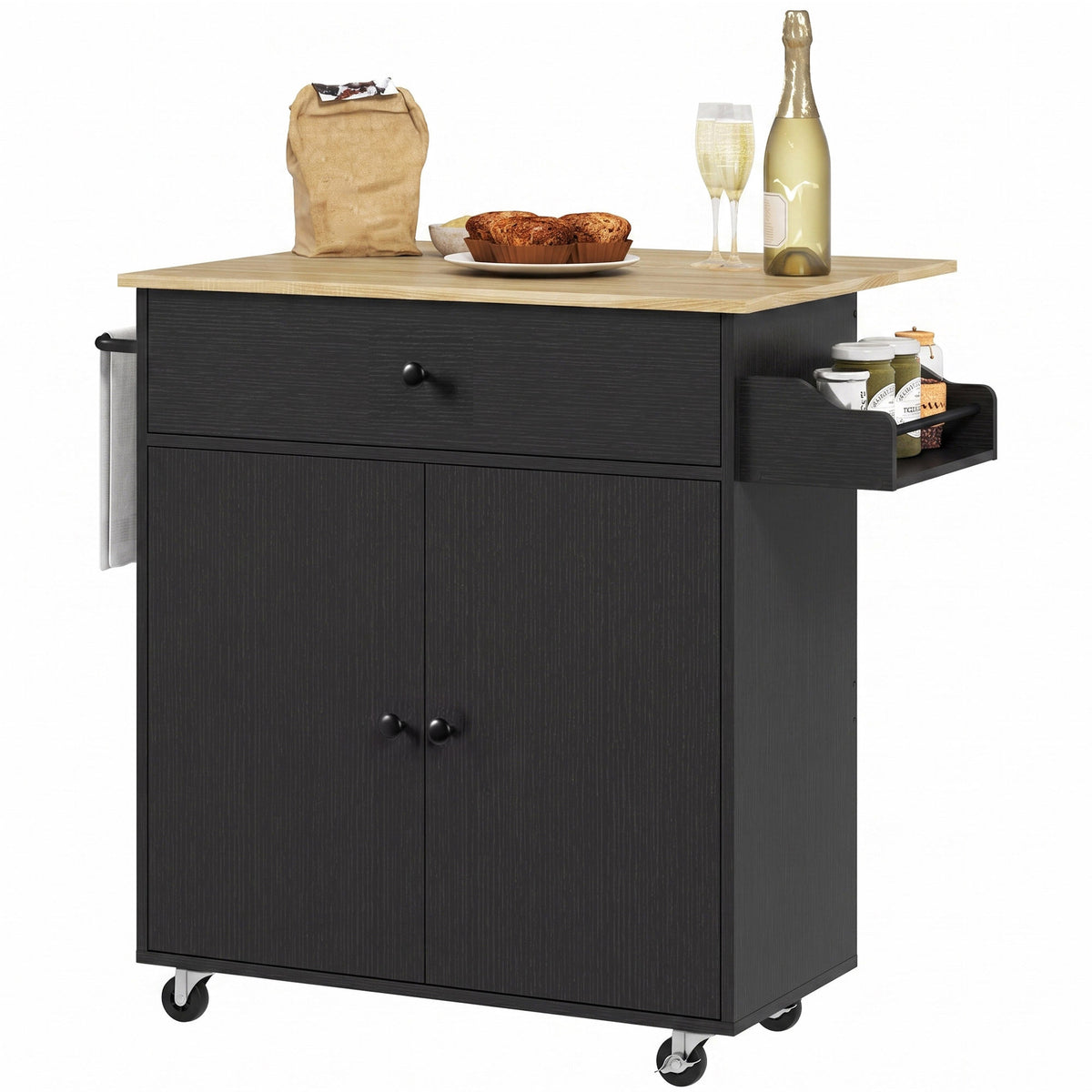 Kitchen Island With Drop Leaf, Rolling Kitchen Storage Trolley | Black