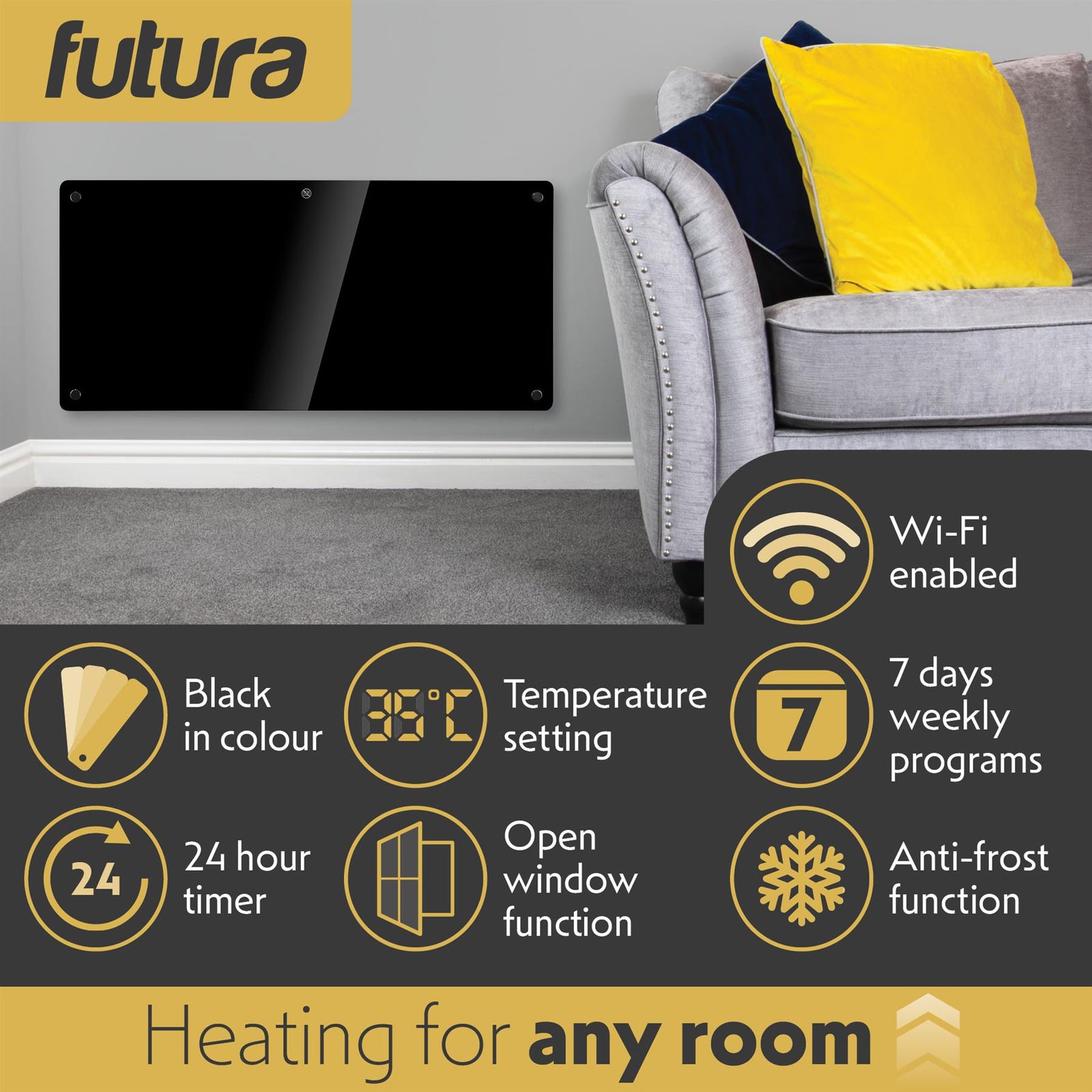 Electric Wifi Glass Radiator Panel Heater Black Wall Mounted Or Floor Standing Bathroom Safe, Timer And Thermostat | 2000w | Black