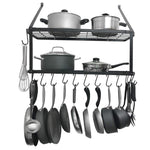 Wall-mounted 2 Tiers Pan Rack Pot Holders Storage With 10 Hooks Black