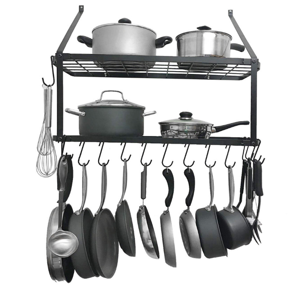 Wall-mounted 2 Tiers Pan Rack Pot Holders Storage With 10 Hooks Black