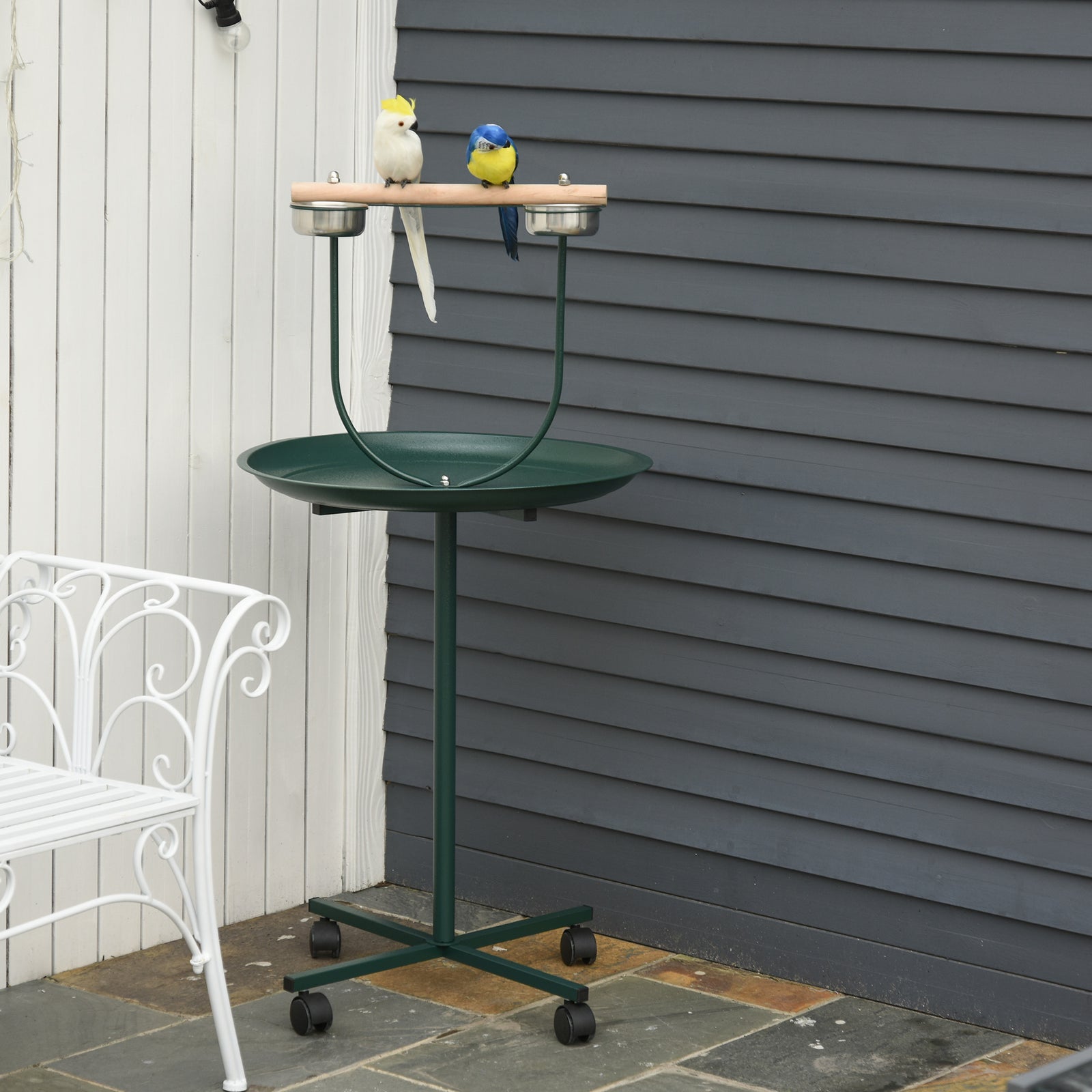 Bird Perch Stand, T-stand Bird Training With Perch, Wheels, Bowls, Green
