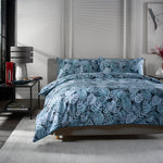 Tropical Garden Blue 100% Cotton Duvet Cover Set With Piped Edging | King | Blue