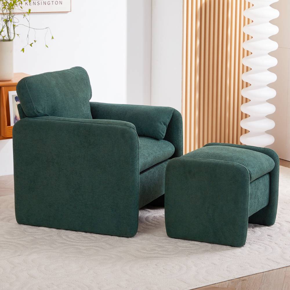 Chenille Upholstered Armchair With Footstool | Green