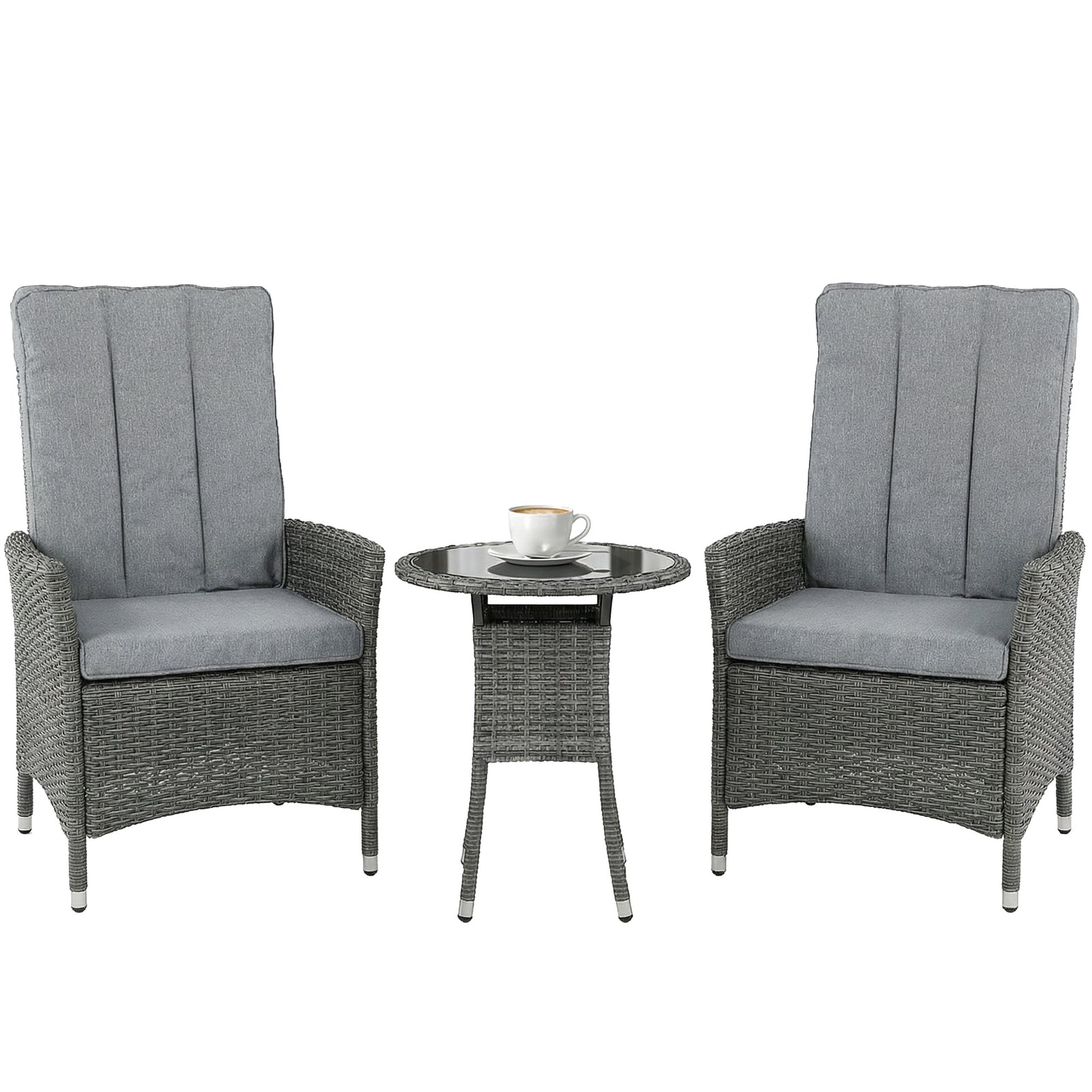 Rattan Bistro Set, Reclining Garden Chairs And Table | Dark Grey