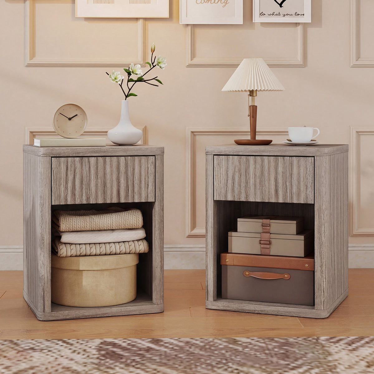 HOMCOM Modern Nightstand With Drawer And Open Shelf, Set Of 2, Oak