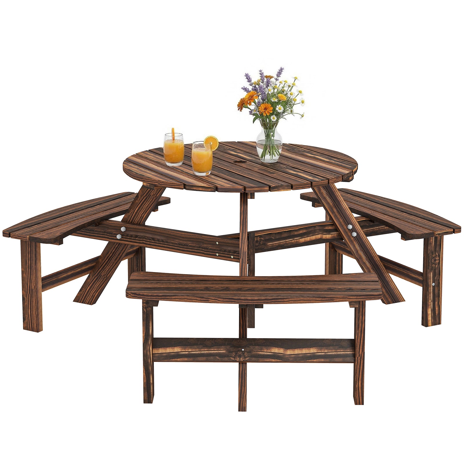 6 Person Fir Wood Table Bench Set Outdoor Garden Patio, Carbonized | Brown