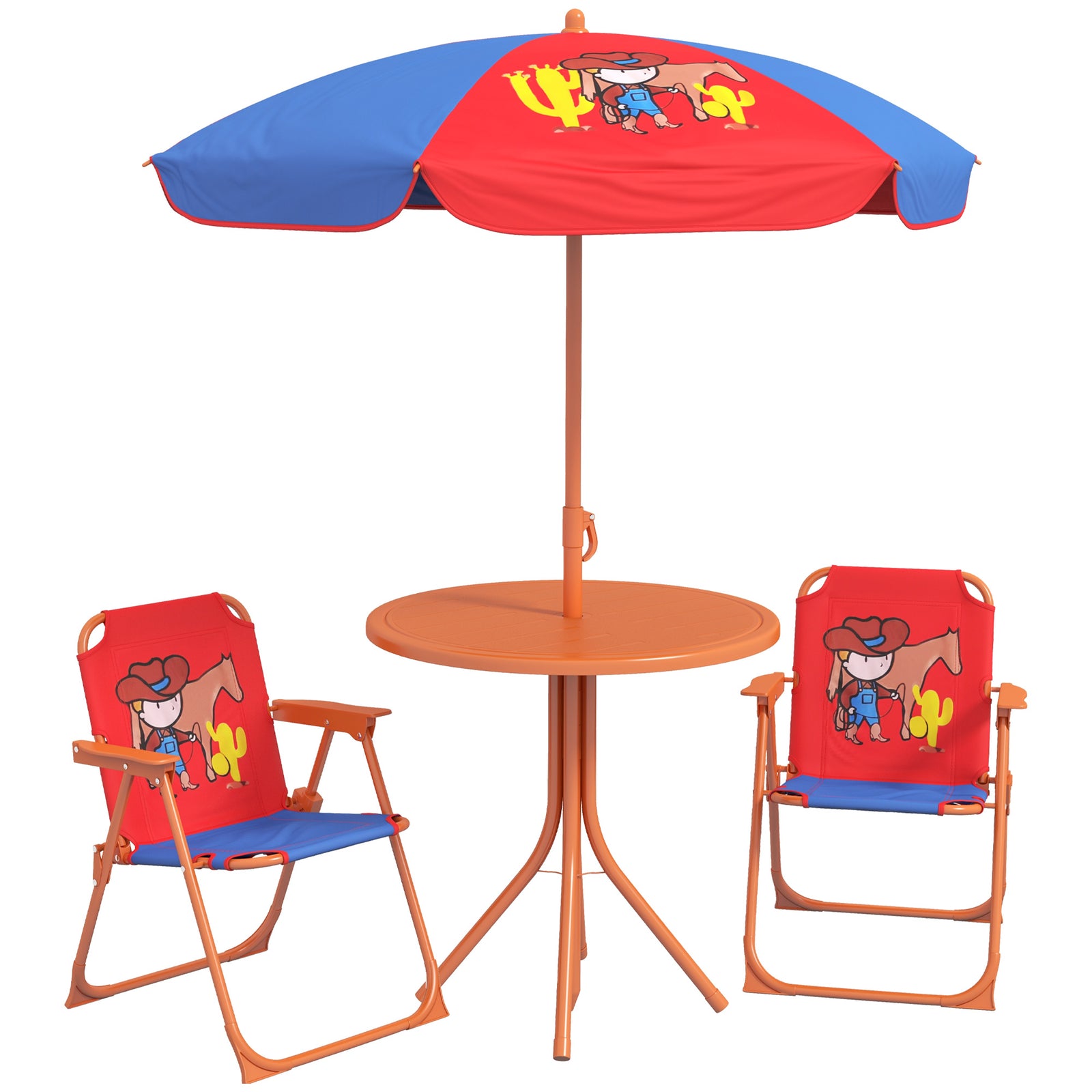 Kids Bistro Table And Chair Set W/ Cowboy Theme, Adjustable Parasol