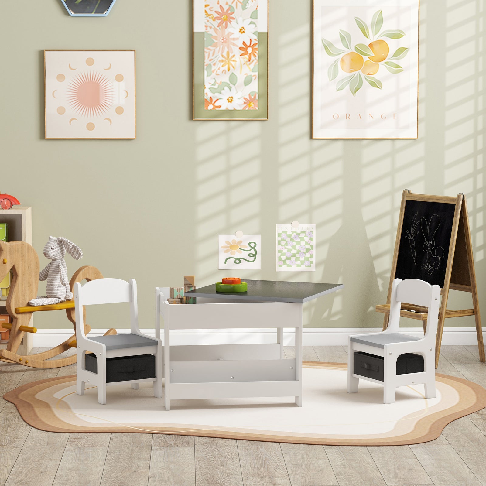 3pcs Kids Table And Chair Set For Nursery, Playroom, Classroom | Grey