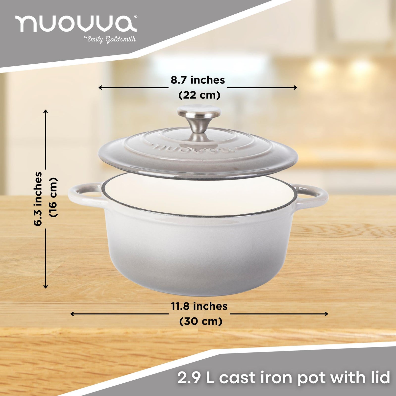 Cast Iron Dutch Oven Casserole Pot With Lid - 22cm (2.9l) | Grey