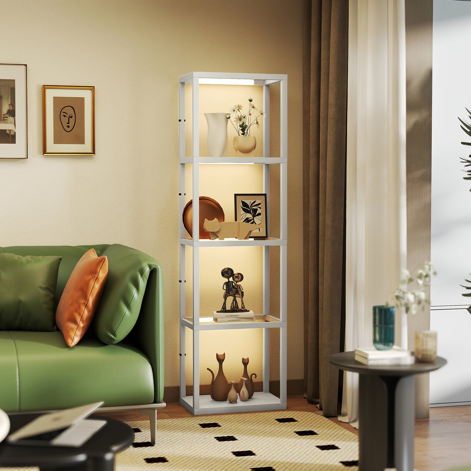 Led Floor Lamp With Glass Shelves, Dimmable Room Lamp | Grey