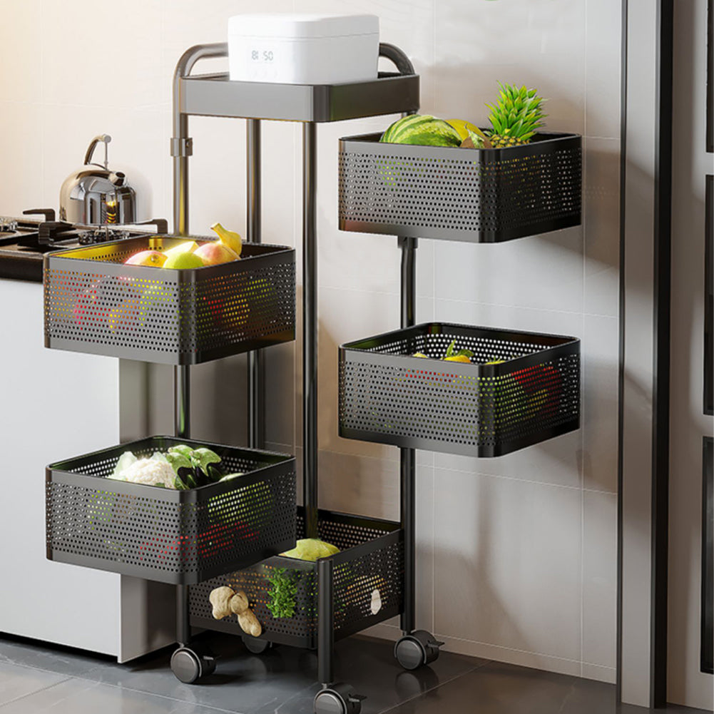 Multi-layer Storage Shelf Trolley 3/4/5 Tier Square Organizer Rack With Swivel Design For Kitchen | Large | Black