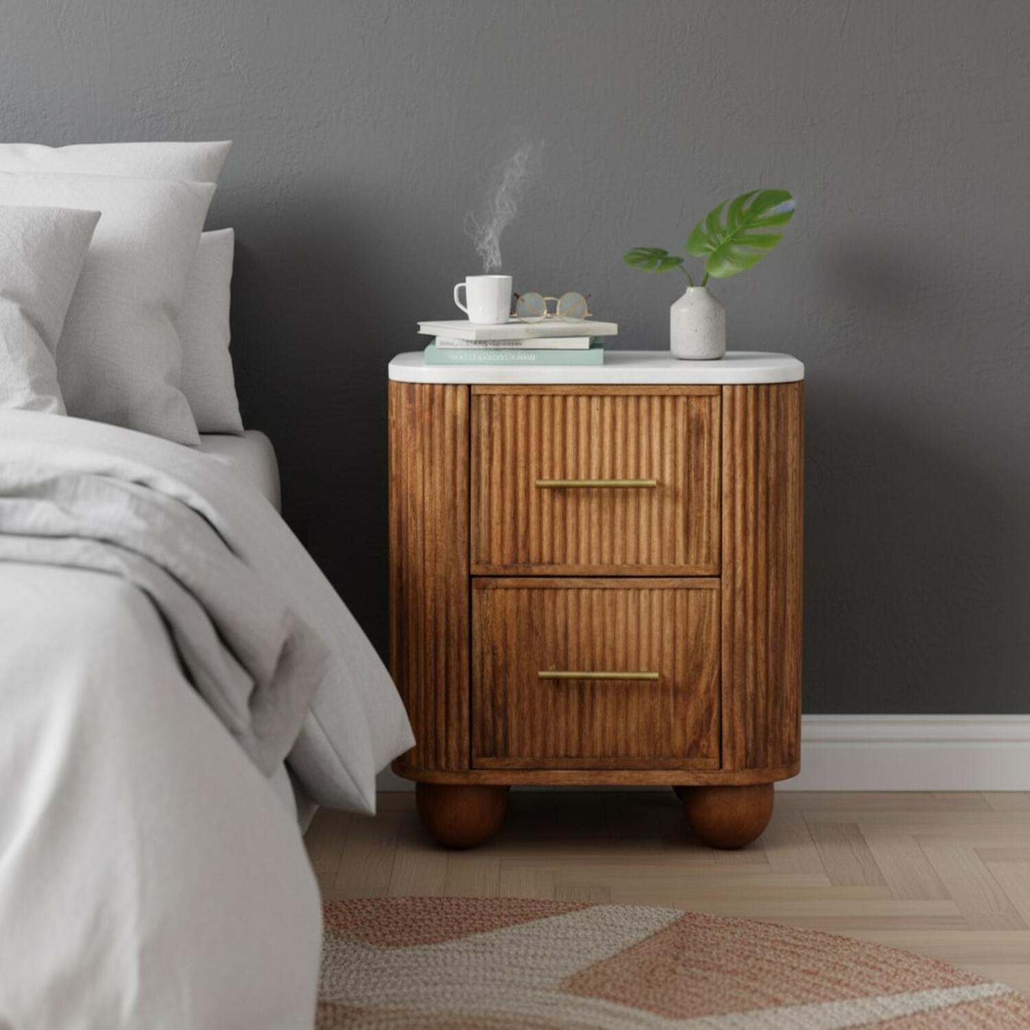 Aurora Marble Bedside, 2 Drawers, White and Brown | 6 | Brown