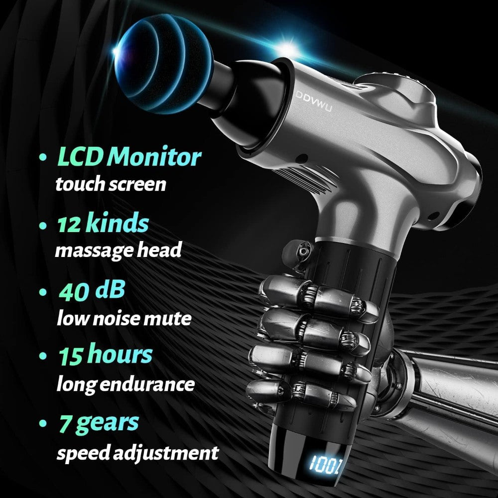 Dyzi Massage Gun Deep Tissue Lcd Touch 7 Speed Cordless Handheld 12 Heads