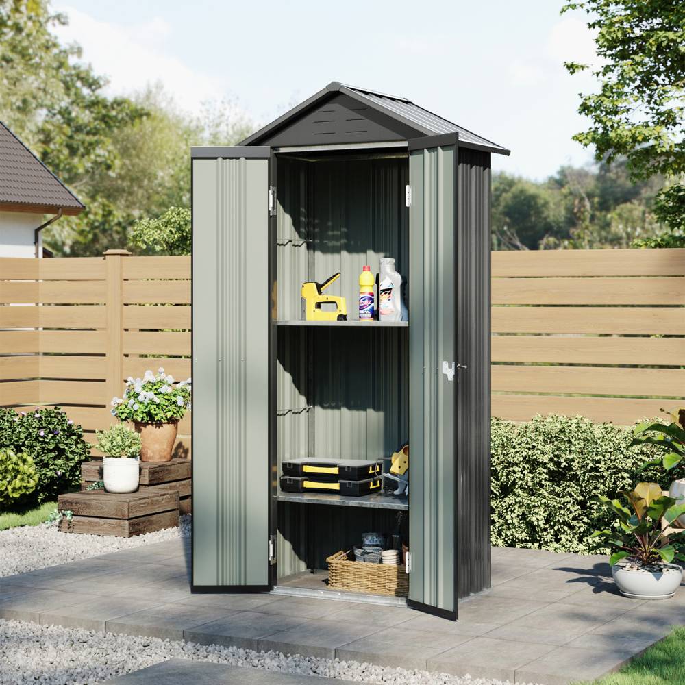 Metal Garden Storage Cabinet 2.7×1.9 Ft Apex Roof Shed With Adjustable 2 Shelves &  Lockable Double Doors | Grey